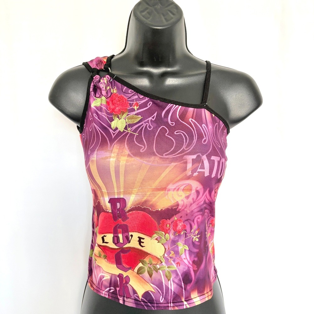 Vintage Tattoo Print Asymmetrical Cami Rock Love Graphic Top Purple Small